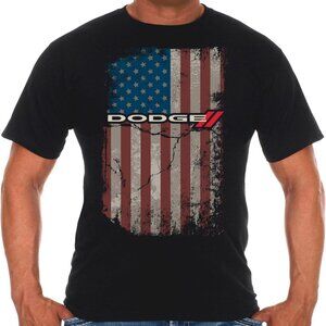JH Design Men's Dodge T-Shirt Black American Flag Logo Tee for Challenger Charge